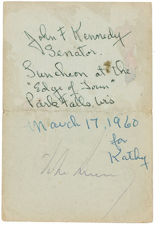 Lot #129 John F. Kennedy: Kennedy signs a Wisconsin fishing license while campaigning in 1960 - Image 1