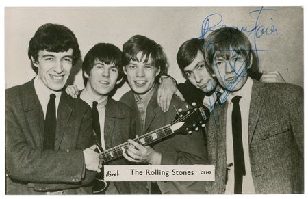 Lot #872 Rolling Stones: Three of the Stones?including Brian Jones?sign an original promo photo - Image 1
