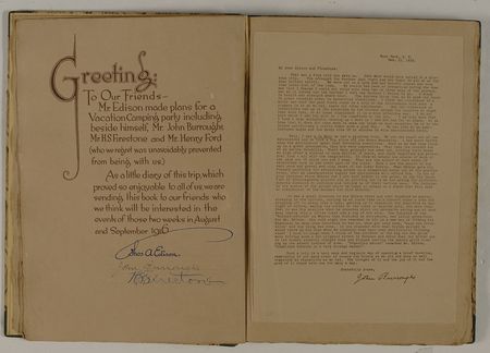 Lot #281 Thomas Edison, Harvey Firestone, and John Burroughs: Edison and his ?Illustrious Vagabonds? sign a bound remembrance of their 1916 excursion - Image 1