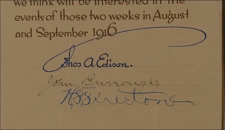 Lot #281 Thomas Edison, Harvey Firestone, and John Burroughs: Edison and his ?Illustrious Vagabonds? sign a bound remembrance of their 1916 excursion - Image 2