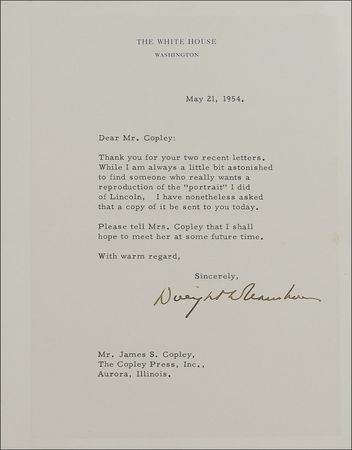 Lot #57 Dwight D. Eisenhower: Ike modestly agrees to have a copy of his famous Lincoln portrait sent to a member of the Fourth Estate - Image 1