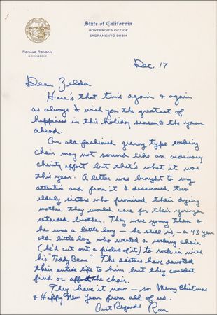 Lot #171 Ronald Reagan: Touching tale of Reagan’s generosity as he sends his personal rocking chair to “a 43 year old little boy who wanted...to rock in with his ‘Teddy Bear’” - Image 1