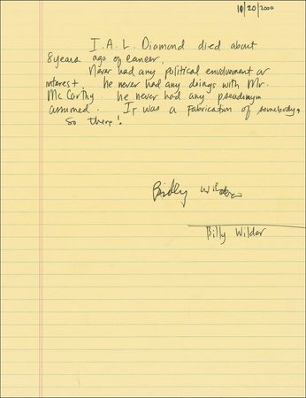 Lot #1208 Billy Wilder: ?I.A.L. Diamond?never had any doings with Mr. McCarthy?So there!? - Image 2