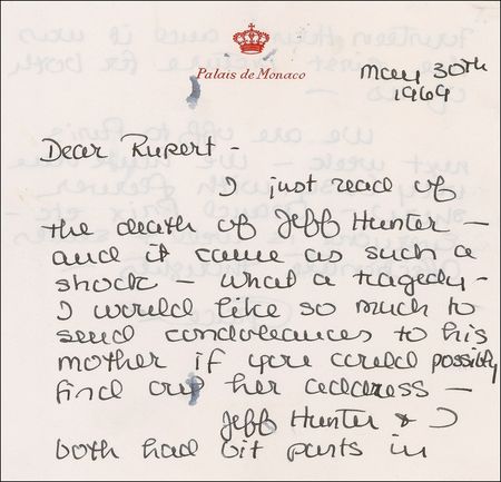 Lot #1077 Grace Kelly: Princess Grace reacts to the premature death of her first co-star: “I just read of the death of Jeff Hunter – and it came as such a shock – What a tragedy” - Image 1