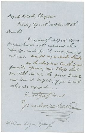 Lot #571. Charles Dickens: &ldquo;As the Christmas Carol is a favourite of ours, may I hope that you will do me the favor to come and hear it tonight&rdquo;