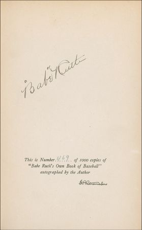 Lot #1371 Babe Ruth: The ?Bambino? signs a copy of his 1928 limited edition book on baseball - Image 1
