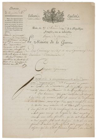 Lot #238 Jean-Baptiste Bernadotte: ?If victory momentarily has abandoned our flags, it must partly be attributed to the devastation and pillage that have existed in the armies of the Republic? - Image 1