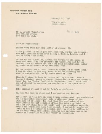 Lot #703 Igor Stravinsky: Detailed 1950s archive as Stravinsky breathes life into his greatest opera, The Rake's Progress - Image 13