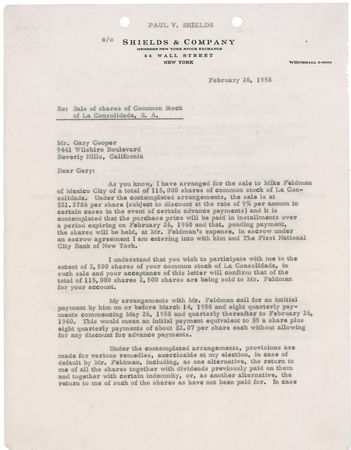 Lot #976 Gary Cooper: Cooper sells stock in La Consolidada in 1958 - Image 1