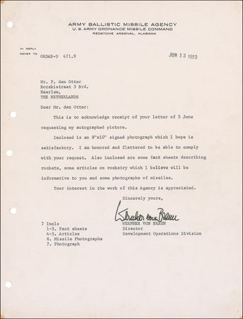 Lot #533 Wernher von Braun: Von Braun sends a signed photo and information to a young rocket enthusiast as the space program gets off the ground - Image 1