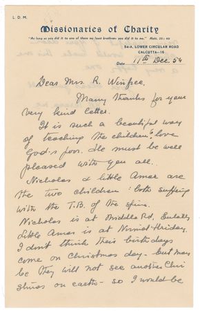 Lot #338 Mother Teresa: “Maybe they will not see another Christmas on earth”—Remarkable content as Mother Teresa, early in her ministry, exhibits the compassion that would lead to beatification - Image 1