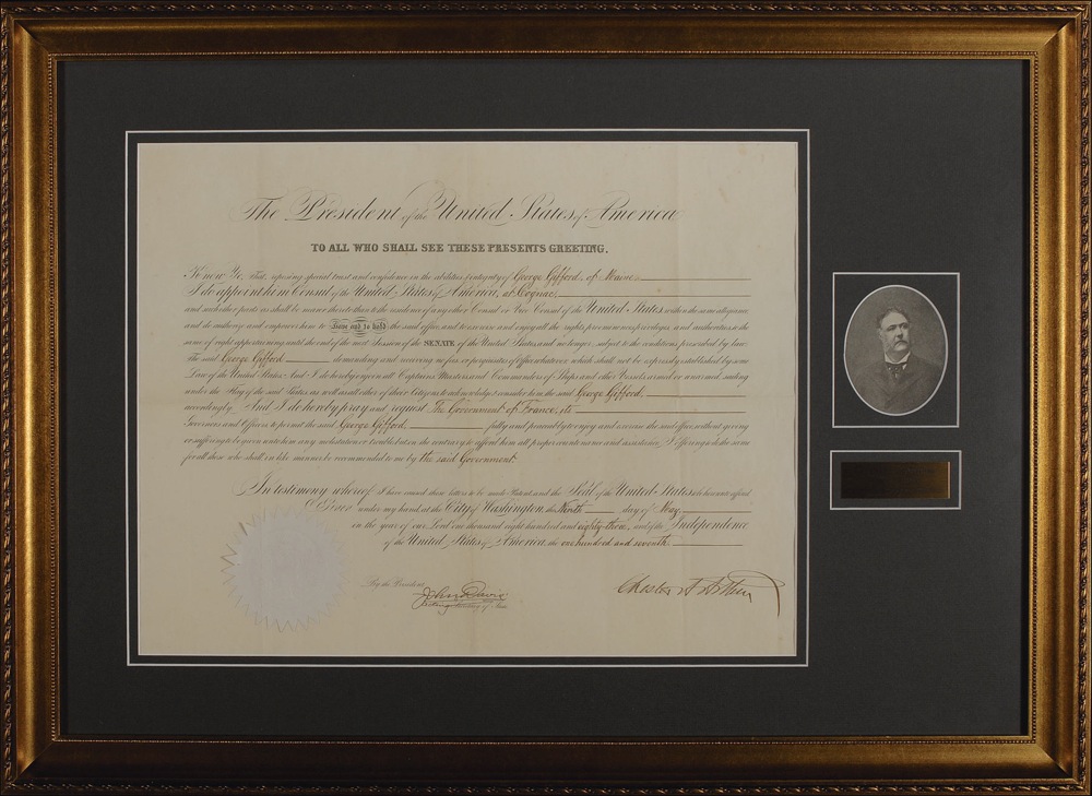 Lot 7 Chester A. Arthur: Appointing a French consulate shortly after signing his controversial Tariff Act