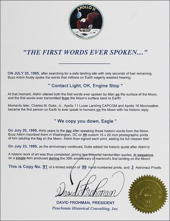 Lot #409 Apollo 11: Aldrin and Duke First Words Spoken Ltd Edition Print - Image 2