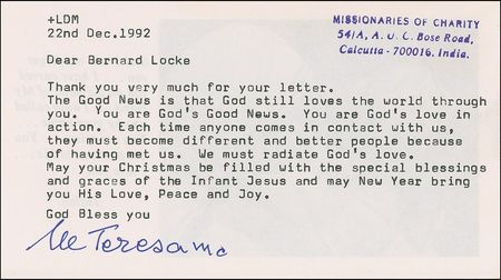 Lot #278 Mother Teresa Typed Letter Signed - Image 1