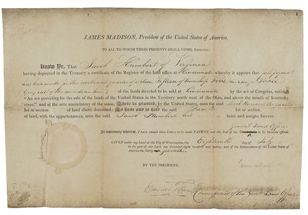 Lot #116 James Madison: Madison land grant issued shortly after the start of the War of 1812 - Image 1