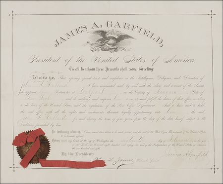 Lot #61 James A. Garfield: Exceedingly scarce Garfield presidential appointment of a New York postmaster - Image 1