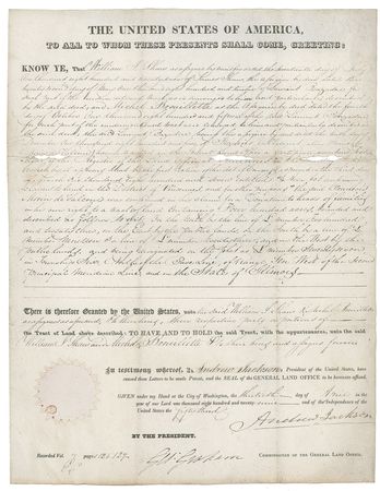 Lot #86 Andrew Jackson: The seventh president grants a huge tract of land to a former War of 1812 scout - Image 1