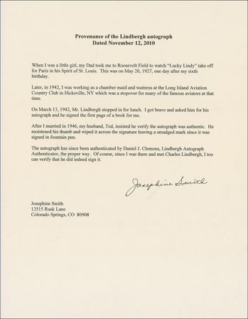 Lot #447 Charles Lindbergh: Lindbergh signs for a young woman who witnessed his historic flight 15 years earlier - Image 2