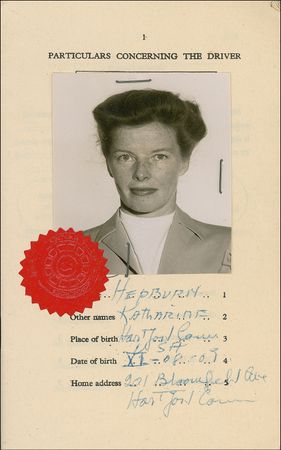 Lot #907 Katharine Hepburn: Hepburn's 1953 UK driving license while performing on the London stage - Image 1