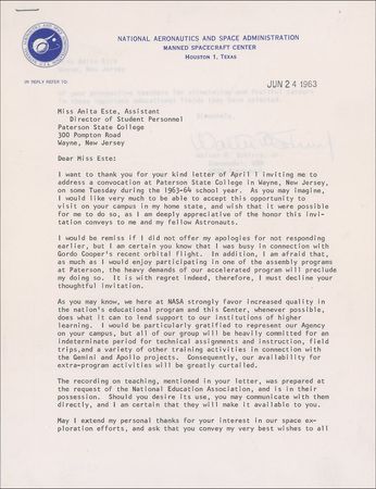 Lot #454 Wally Schirra: In 1963, shortly after helping ?Gordo Cooper's recent orbital flight,? Schirra finds himself buried with ?training activities in connection with the Gemini and Apollo projects? - Image 1