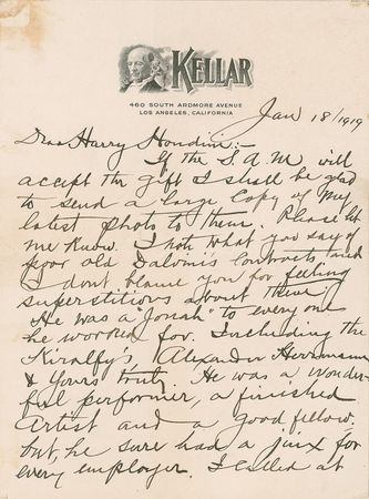 Lot #928 Harry Kellar: The great Kellar writes Houdini of magical contemporaries, including Dalvini and Herrmann the Great - Image 1