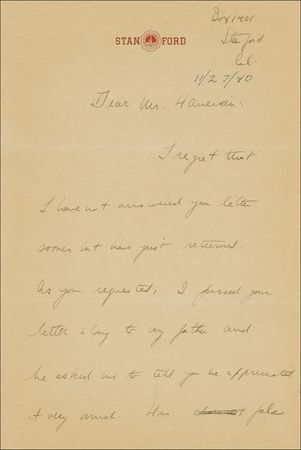 Lot #106 John F. Kennedy: A 23-year-old JFK pens an uncharacteristically legible letter concerning Joe Kennedy, Sr.'s presidential aspirations: ?He is not waging a formal campaign? - Image 1