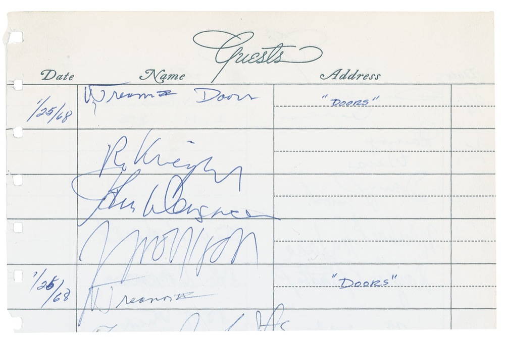 Lot 798 The Doors: Days before being beaten and arrested in Vegas in 1968, Morrison and fellow band members sign in for a Waiting For the Sun recording session