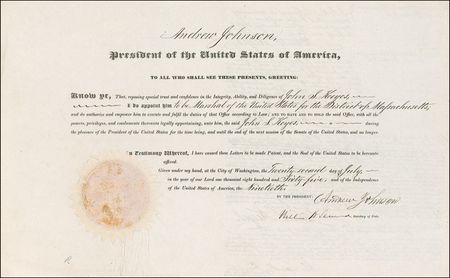 Lot #111 Andrew Johnson: President Johnson appoints a Massachusetts marshall - Image 1
