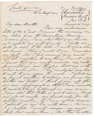 Lot #428 William R. Terrill: Just a few years before making a decision that would estrange him from his family, Terrill writes his brother of the grandeur of New York's mountains and concern for his father - Image 1