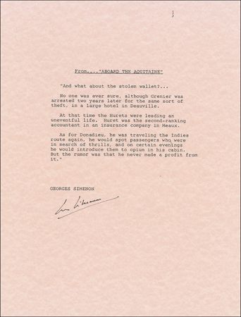 Lot #649 Georges Simenon Typed Letter Signed and Typed Quote Signed - Image 1
