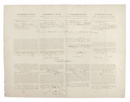 Lot #96 Rutherford B. Hayes: Seldom-seen 1879 four language ship's paper for a New Bedford captain who lost a ship in the 1871 Whaling Disaster - Image 1