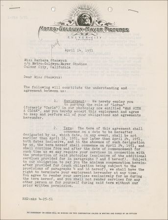 Lot #1094 Barbara Stanwyck Signed Document - Image 1