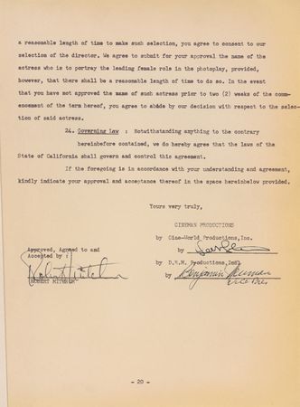 Lot #1047 Robert Mitchum Signed Document - Image 1