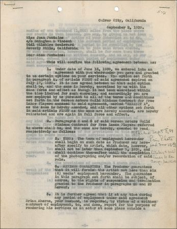 Lot #971 Joan Fontaine and David O. Selznick Signed Document - Image 2