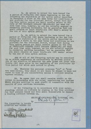 Lot #622 Dorothy Parker and David O. Selznick: Parker and Selznick agree to terms for the Oscar-nominated script of A Star Is Born - Image 1