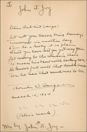 Lot #539 Thornton Burgess: Words of encouragement from Peter Rabbit: 