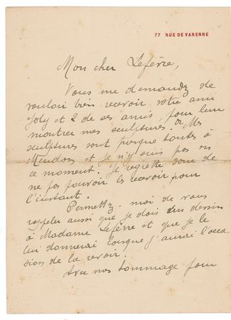 Lot #636 Auguste Rodin: Rodin references his sculptures and pledges to provide a drawing 