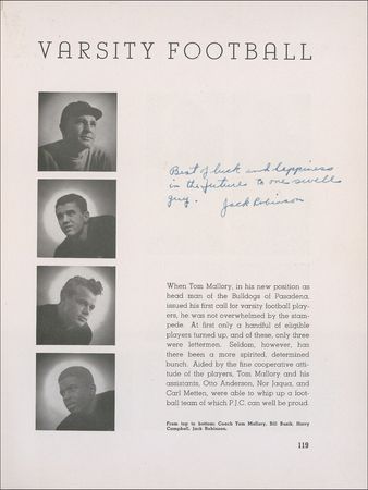 Lot #1263 Jackie Robinson: Robinson thrice signs his junior college yearbook on each of the sports at which he excelled—football, basketball and baseball - Image 1