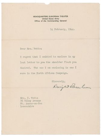 Lot #68 Dwight D. Eisenhower: Ike transmits his personally-worn North African campaign patch - Image 1