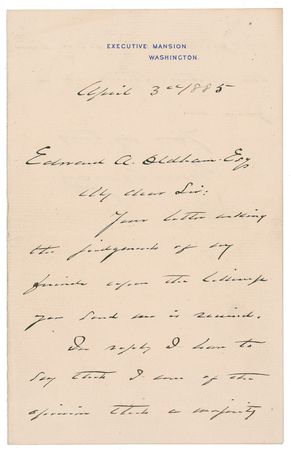 Lot #48 Grover Cleveland: Shortly after taking office, President Cleveland sends thanks for a portrait, which 
