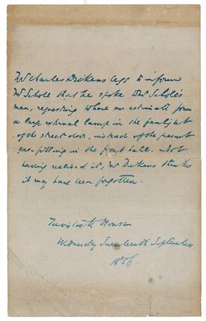 Lot #565. Charles Dickens: Dickens requests better lighting while writing Little Dorrit