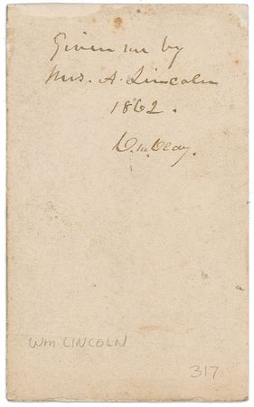 Lot #126 Mary Todd Lincoln: Rare carte-de-visite portrait of Lincoln's favorite son, annotated 