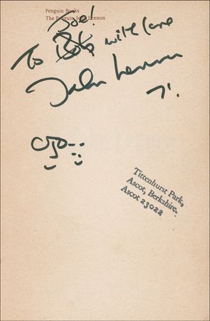 Lot #760 Beatles: John Lennon: Lennon dashes off a self-portrait in a book presented to a fellow anti-war activist - Image 1