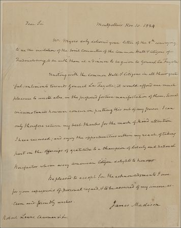 Lot #131 James Madison: Madison praises Lafayette: 