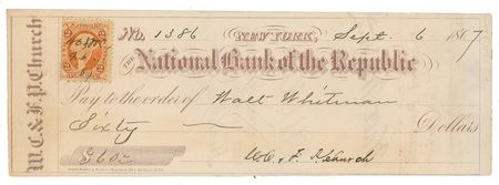 Lot #662 Walt Whitman: The Good Gray Poet cashes his check for 'Carol of Harvest' - Image 1