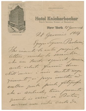 Lot #707. Enrico Caruso: "When I come to Boston, you are to send me your business card. I will be most happy to let you have some tickets"