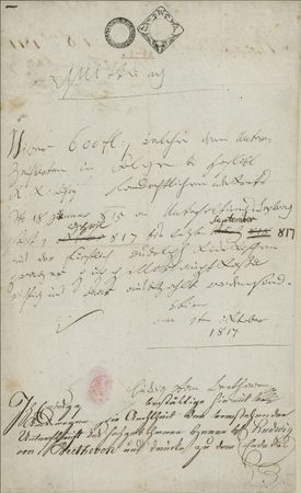 Lot #701 Ludwig van Beethoven: An extremely rare, fully-signed, substantially handwritten document: Beethoven receives an 1817 payment in order to continue composing in Vienna - Image 1