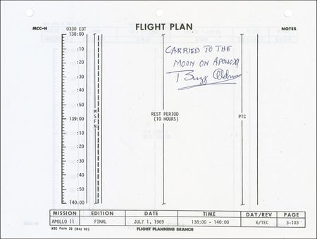Lot #434 Buzz Aldrin: Aldrin signs a page from the original flight plan flown to the moon during the Apollo 11 mission - Image 1