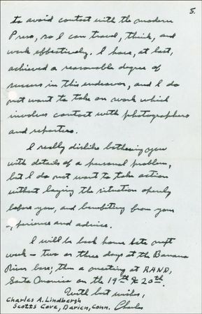 Lot #474 Charles Lindbergh: An overwhelmed Lindbergh begs out of an Air Force appointment: 