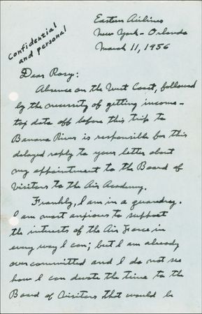Lot #474 Charles Lindbergh: An overwhelmed Lindbergh begs out of an Air Force appointment: 